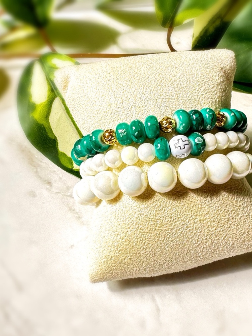 Stacked Green & White Bead Bracelets Faith Cross Elegant